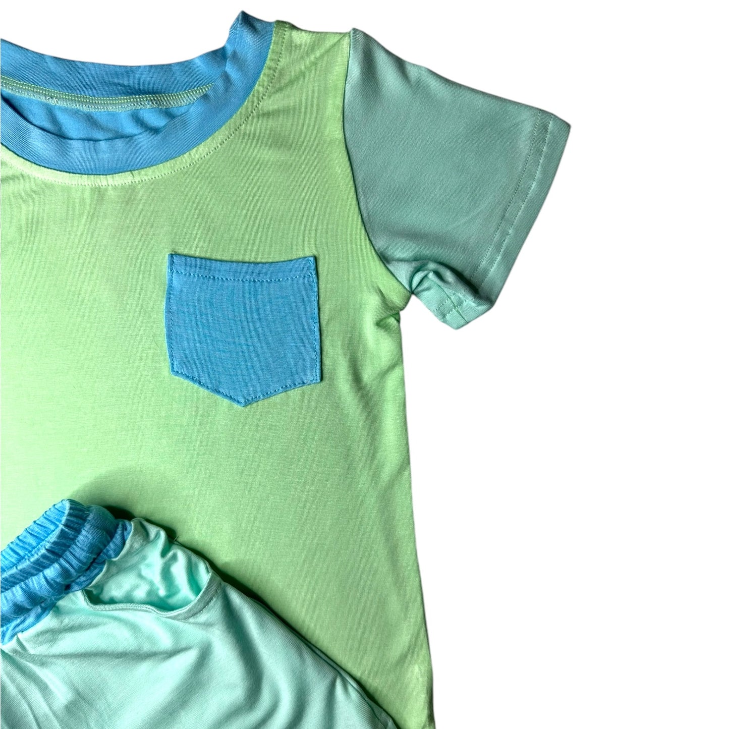 Color Block Green & Blue Bamboo Pocket Tee & Short Set