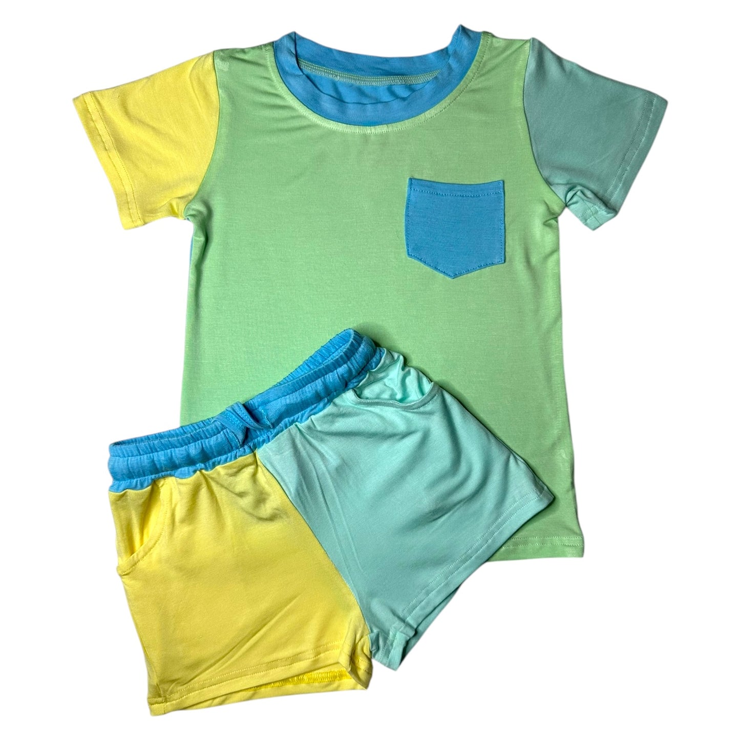 Color Block Green & Blue Bamboo Pocket Tee & Short Set