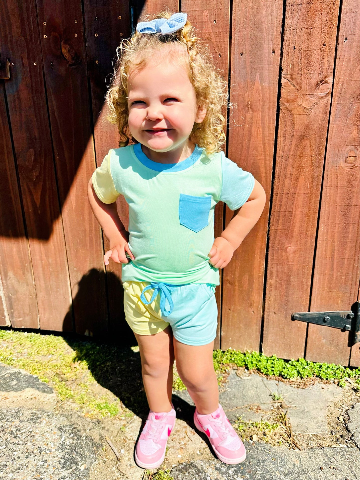 Color Block Green & Blue Bamboo Pocket Tee & Short Set