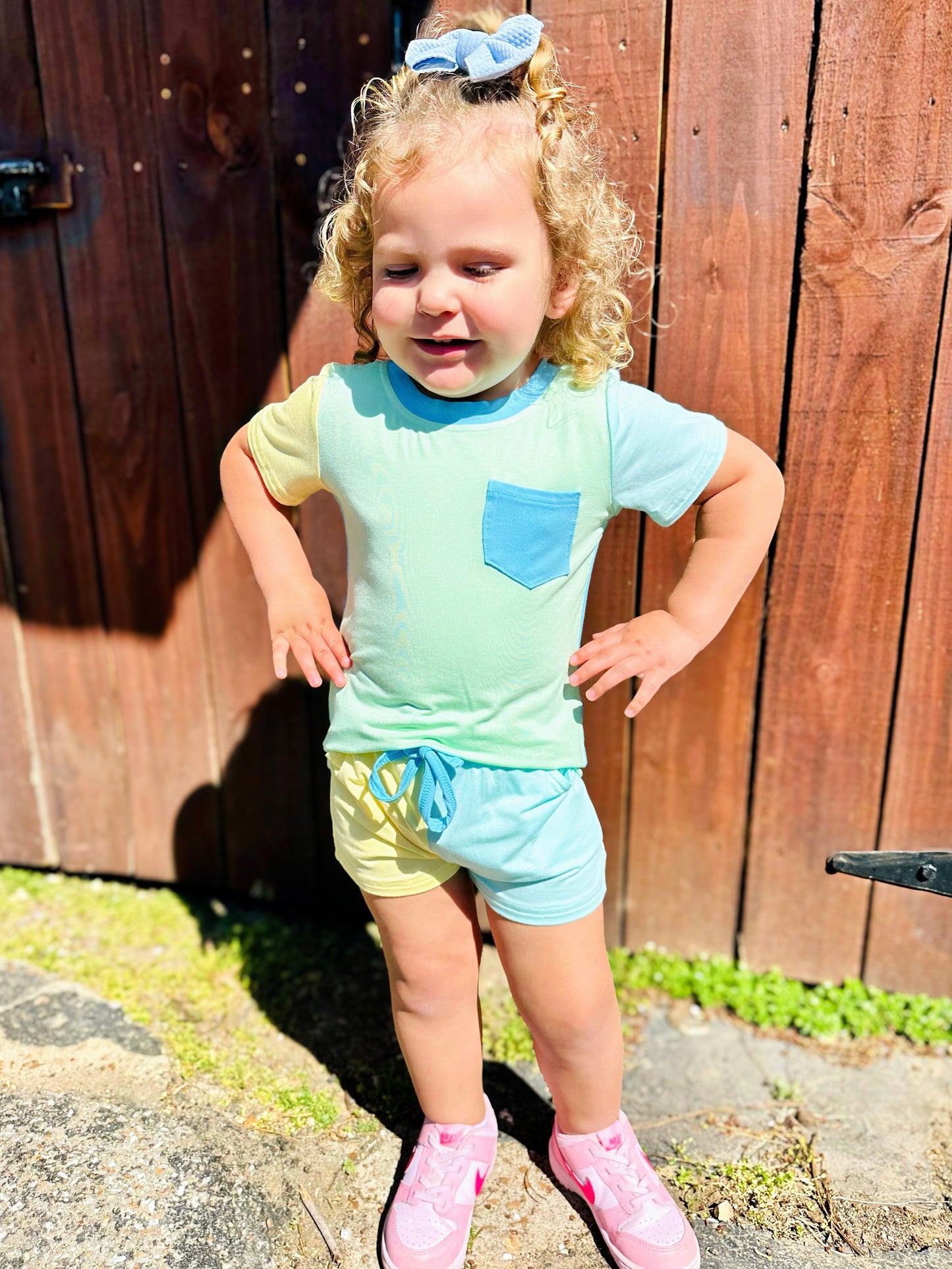 Color Block Green & Blue Bamboo Pocket Tee & Short Set