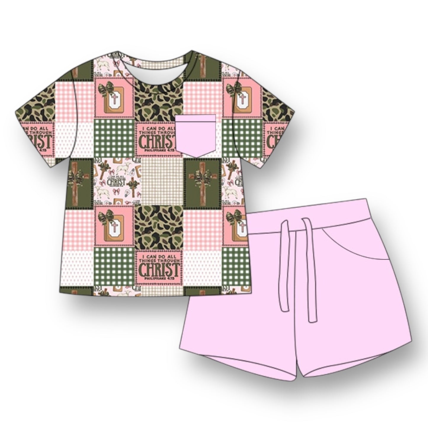 I Can Do All Things Through Christ Pink Camo Pocket Tee & Short Set