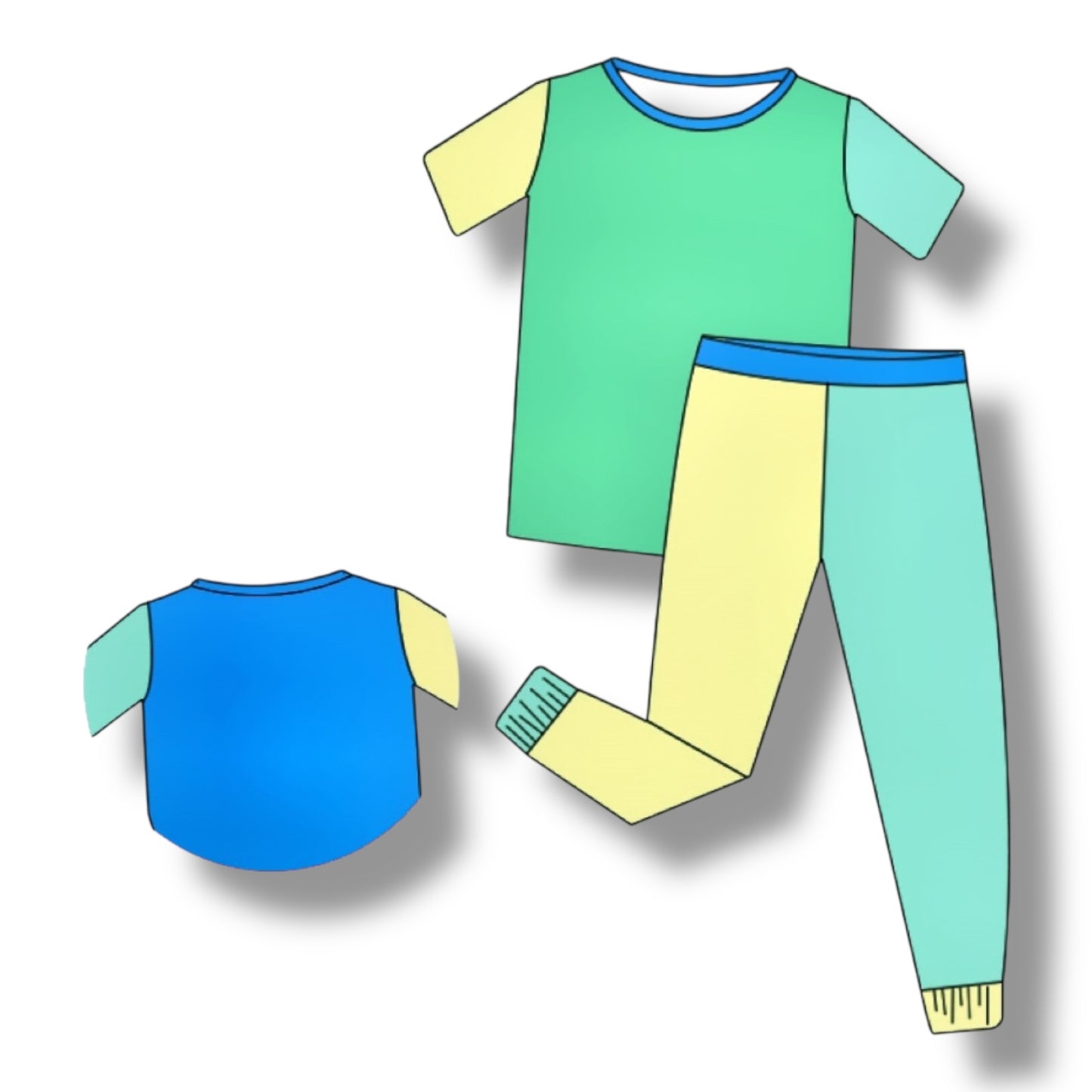 Color Block Green & Blue Short Sleeve Two Piece Set