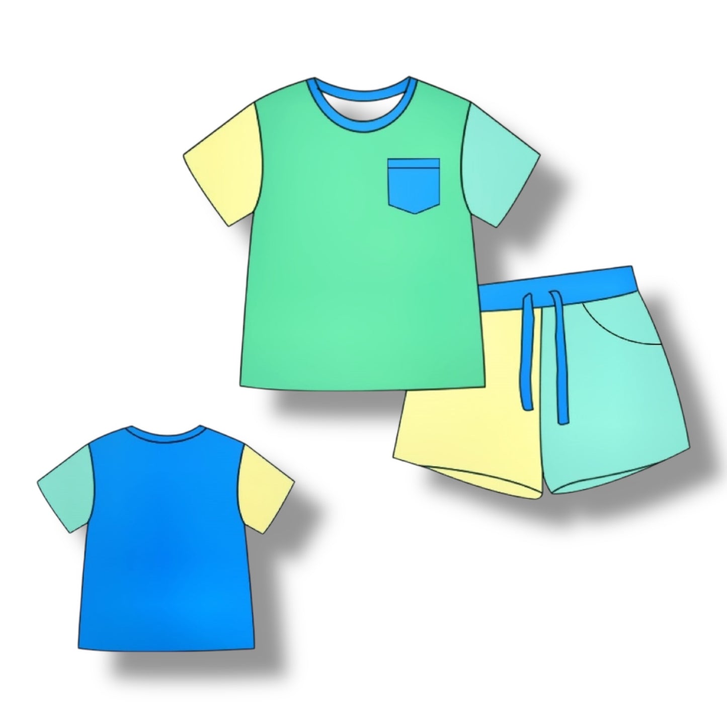 Color Block Green & Blue Pocket Tee & Short Set