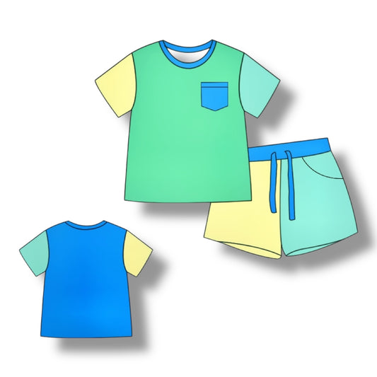 Color Block Green & Blue Pocket Tee & Short Set