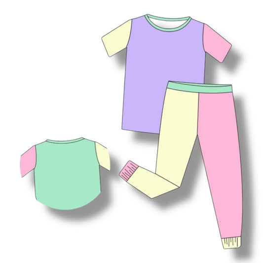 Color Block Purple & Green Short Sleeve Two Piece Set