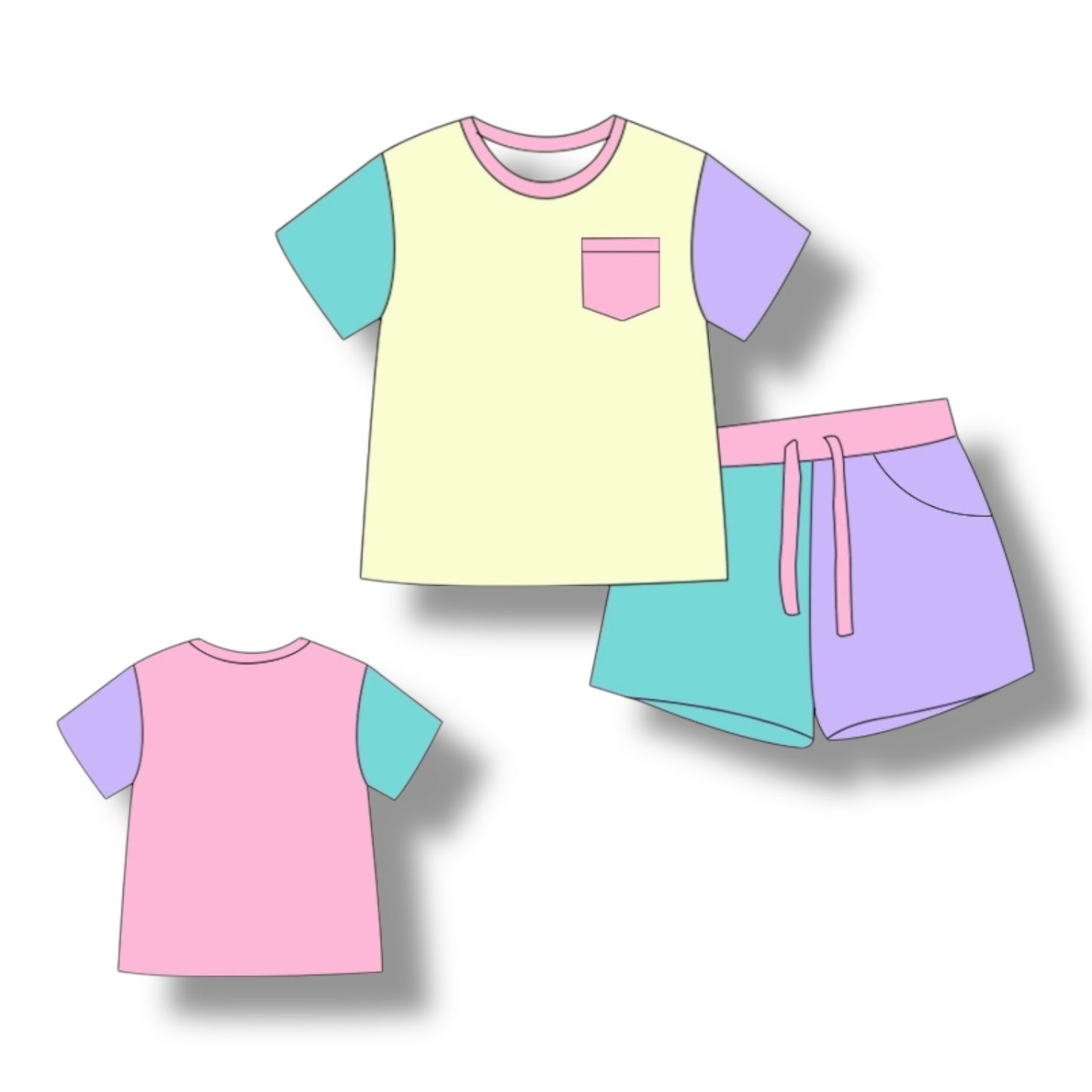 Color Block Yellow & Pink Pocket Tee & Short Set