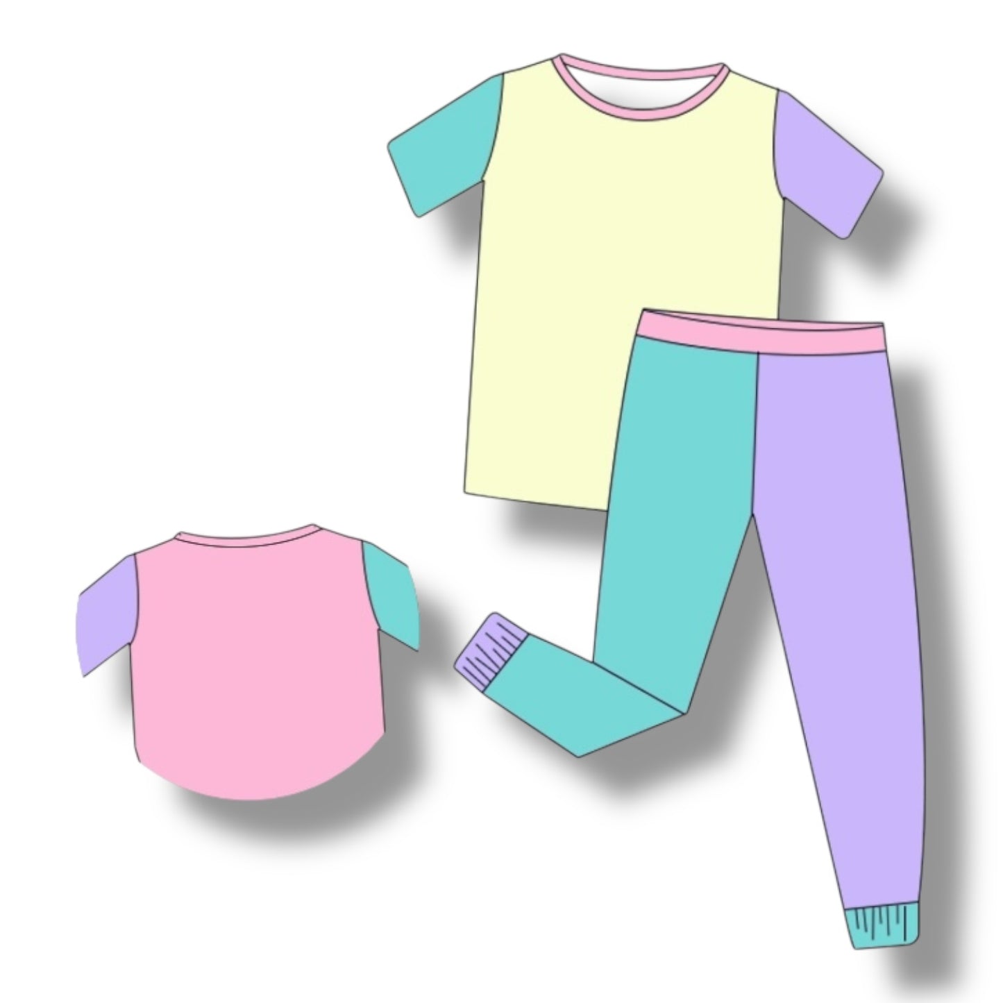 Color Block Pink & Yellow Short Sleeve Two Piece Set