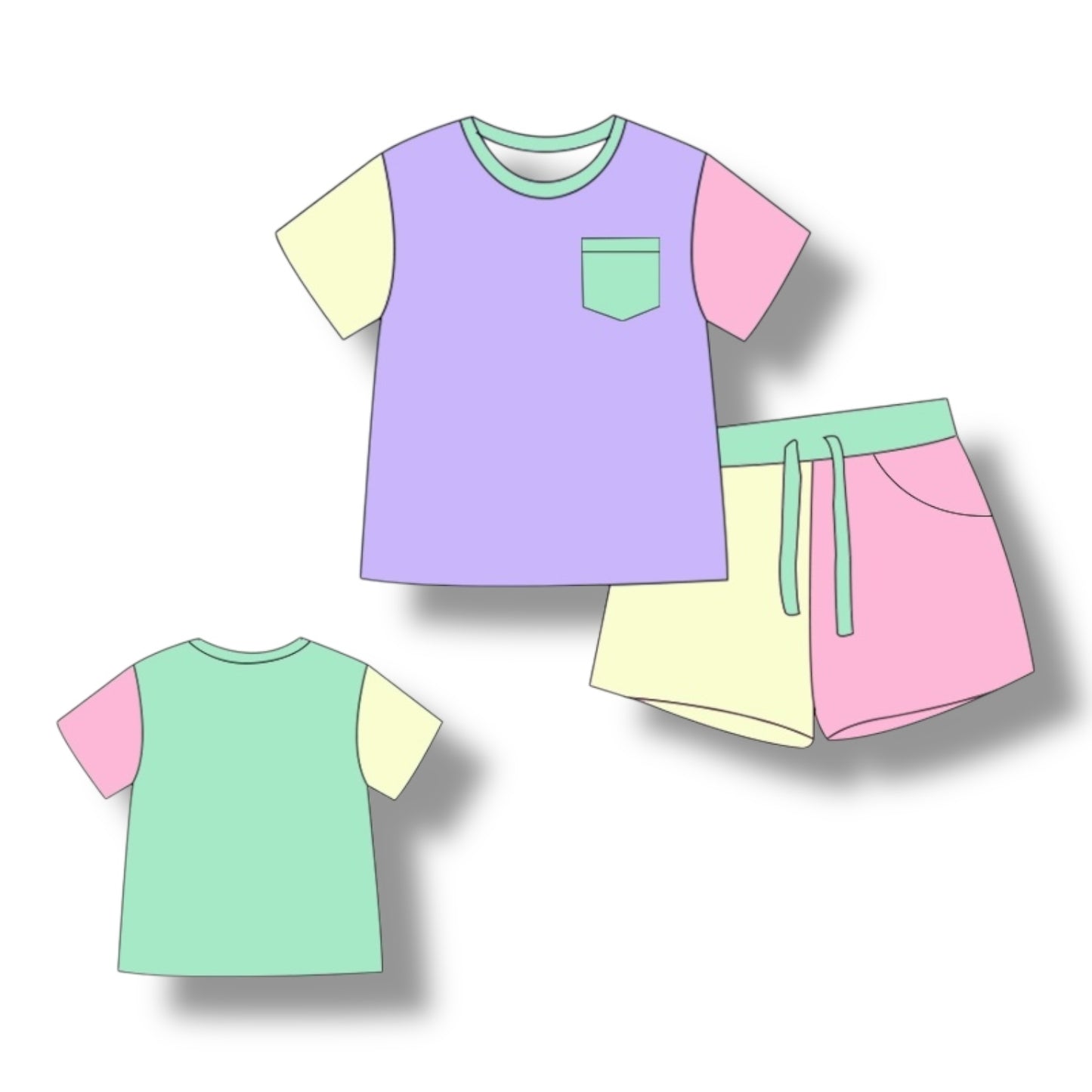 Color Block Purple & Green Pocket Tee & Short Set