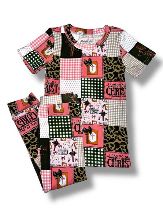 I Can Do All Things Through Christ Pink Camo Short Sleeve Two Piece Set