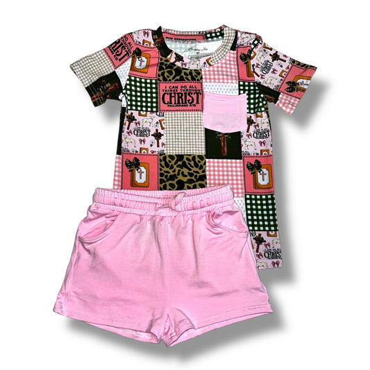 I Can Do All Things Through Christ Pink Camo Bamboo Pocket Tee & Short Set